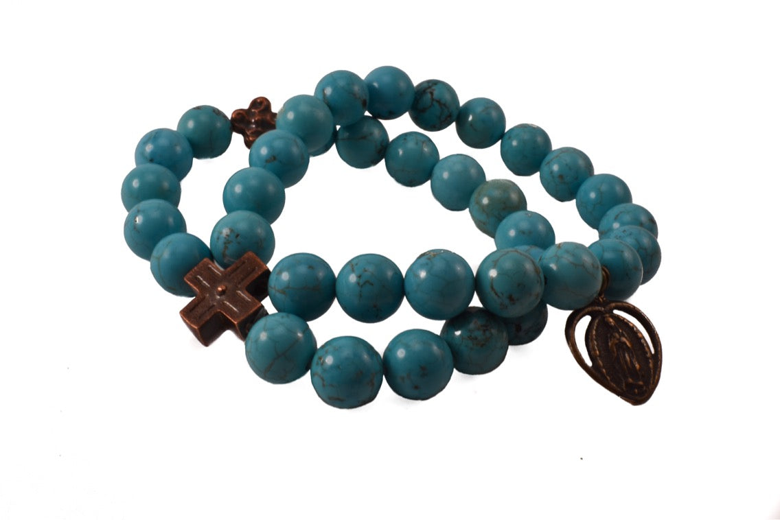Turquoise bead bracelet with Our Lady of Guadalupe bronze medal