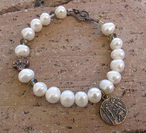 Pearl Rosary Bracelet with St. Peregrine