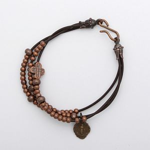 Bronze bead and leather rosary bracelet with Miraculous Mary