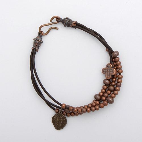 Bronze bead and leather rosary bracelet with Miraculous Mary