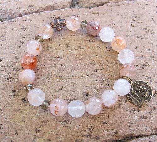 Pink Agate Rosary Bracelet with St. Peregrine