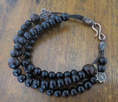 Sandalwood Rosary Bracelet, 3 strand on leather