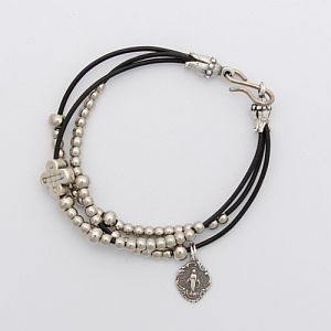 Silver and Leather Rosary Bracelet with Miraculous