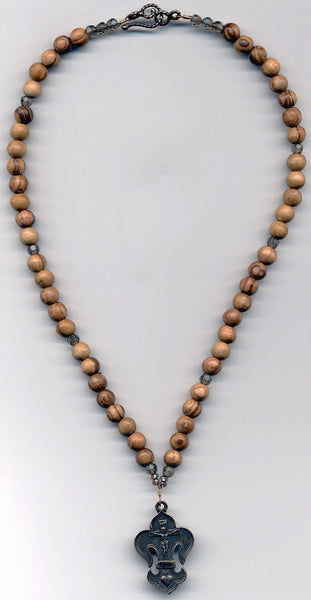 Bronze Fleur de Lis on Olivewood bead Necklace