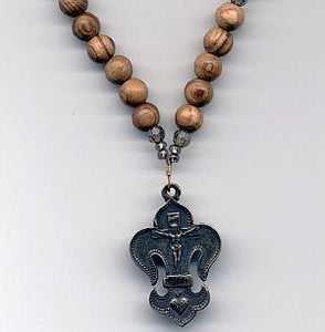 Bronze Fleur de Lis on Olivewood bead Necklace